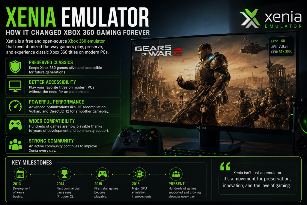 Xenia Emulator technology graphic highlighting Xbox 360 game emulation, enhanced performance, and compatibility on modern computers.